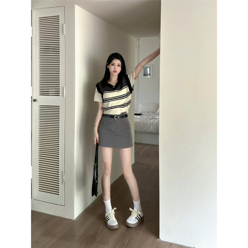 Áo len gile ngắn tay cho nữ  INFLACHI  dáng ngắn croptop họa tiết kẻ sọc ngang cá tính M115 N-24