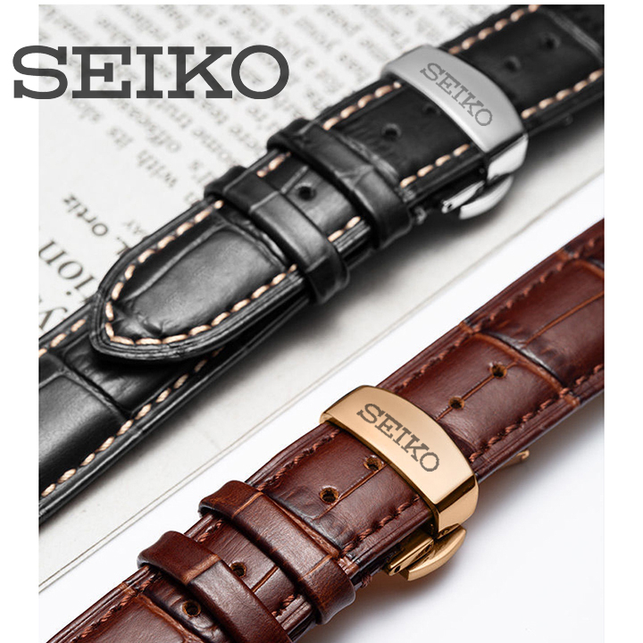 Dây đeo cho đồng hồ SEIKO, da bò dập vân cá sấu, chống hút mồ hôi, khoá bướm 2 nút bấm
