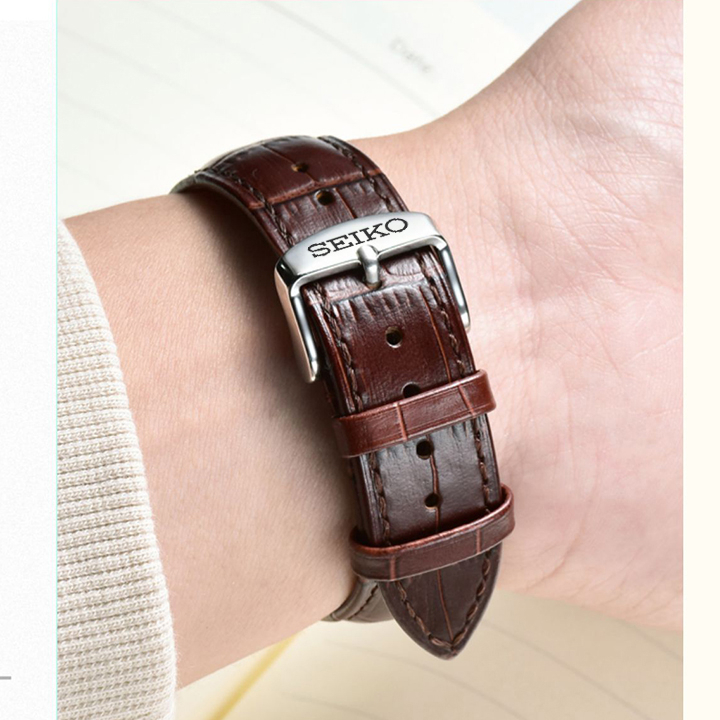 Dây đeo cho đồng hồ SEIKO, da bò dập vân cá sấu, chống hút mồ hôi, khoá bướm 2 nút bấm