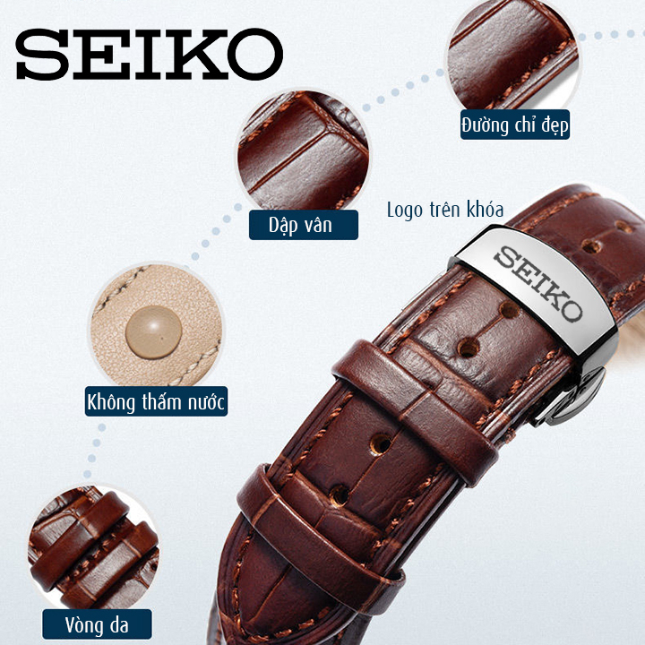 Dây đeo cho đồng hồ SEIKO, da bò dập vân cá sấu, chống hút mồ hôi, khoá bướm 2 nút bấm