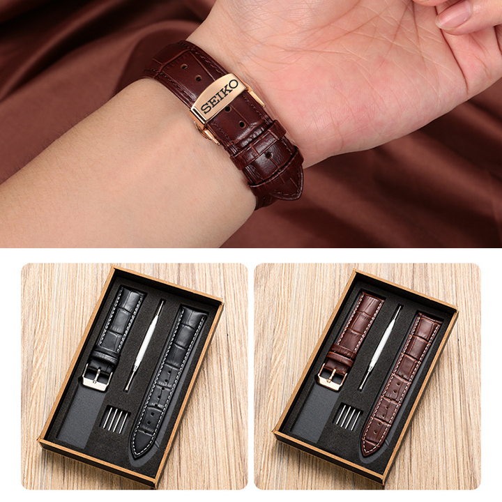 Dây đeo cho đồng hồ SEIKO, da bò dập vân cá sấu, chống hút mồ hôi, khoá bướm 2 nút bấm