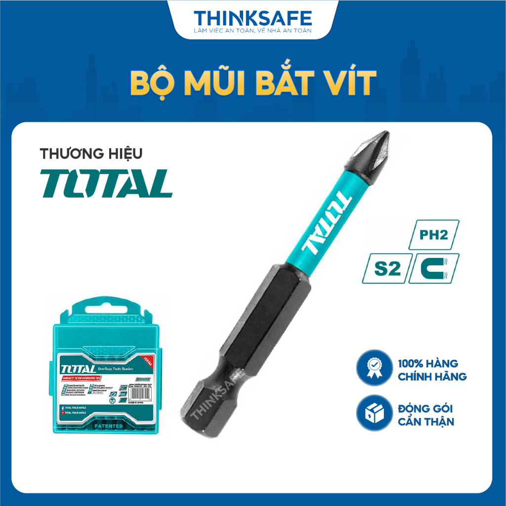 Bộ mũi bắt vít có từ Total TACIM16PH223 gồm 10 mũi siết vít PH2x50mm thép công nghiệp S2 bề mặt có nam châm - Thinksafe
