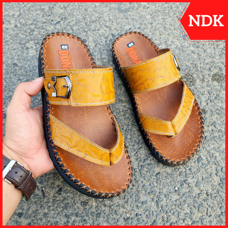 Dép xỏ ngón nam da bò thật 100% NDK cao cấp, thiết kế 03 dây cách điệu N.3C