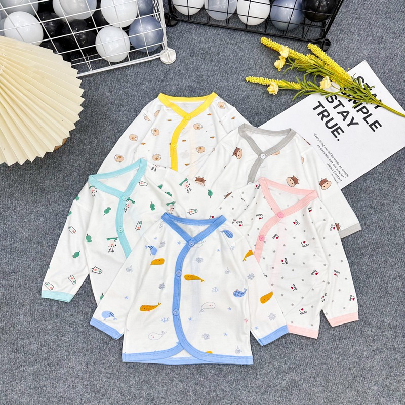 Com bo 5 Áo Sơ Sinh Dài Tay viền màu  Thun Lạnh Mềm Mại Cho Bé