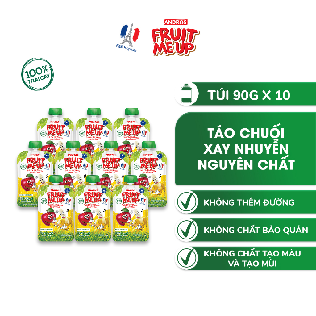 Combo 10 Túi Trái Cây Xay Nhuyễn Vị Táo Chuối - 100% trái cây thật - ANDROS FRUIT ME UP - 90gx10