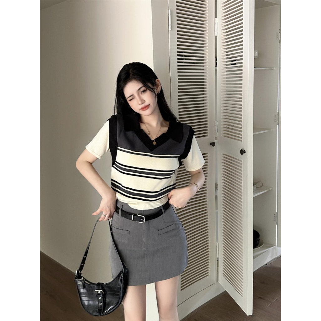 Áo len gile ngắn tay cho nữ  INFLACHI  dáng ngắn croptop họa tiết kẻ sọc ngang cá tính M115 N-24