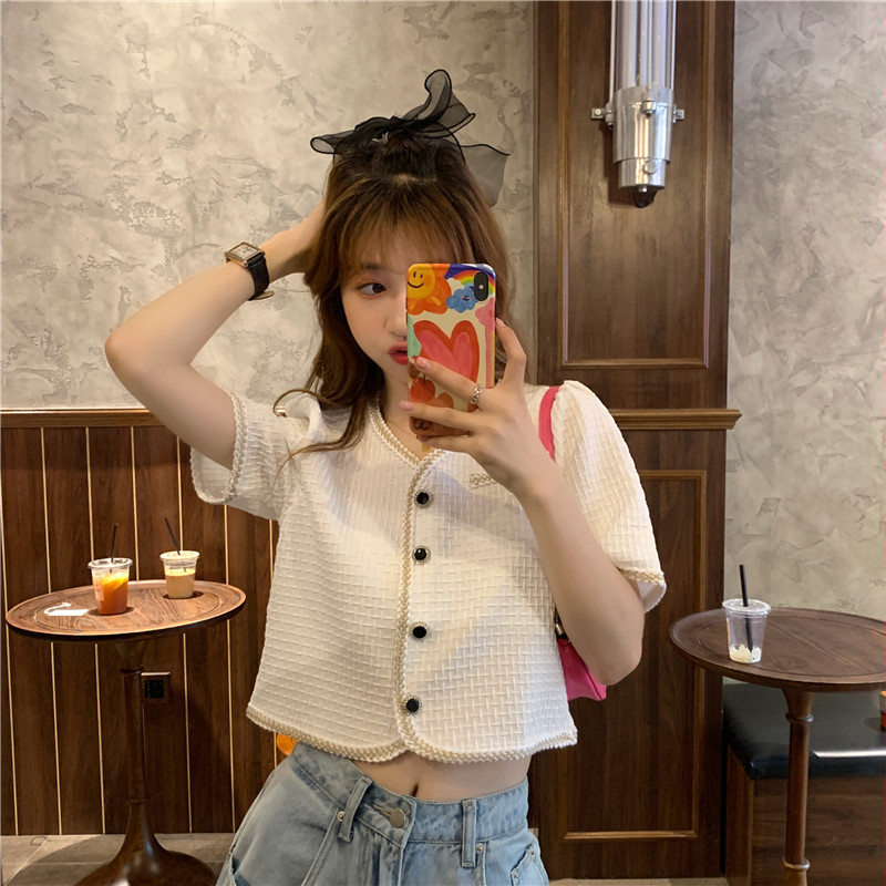Áo len dệt kim ngắn tay cho nữ INFLACHI viền khuy cộc tay kiểu xốp thiết kế sang chảnh tiểu thư chất đẹp M97 N-36