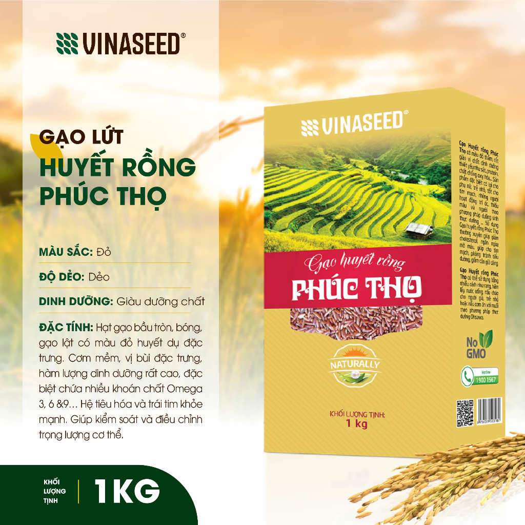 Gạo Lứt Huyết Rồng Phúc Thọ 1kg dẻo dành cho người ăn kiêng tốt cho hệ tiêu hóa và tim mạch - Vinaseed