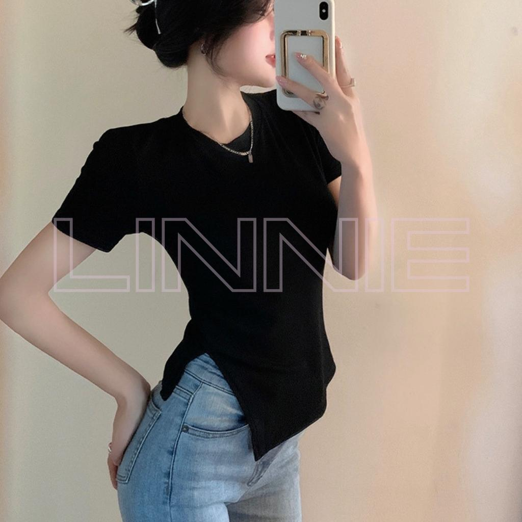 Áo xẻ tà nữ vạt nhọn Linnie chiết eo ôm body tôn dáng 2 màu trắng đen cực xinh vải mềm mại C34