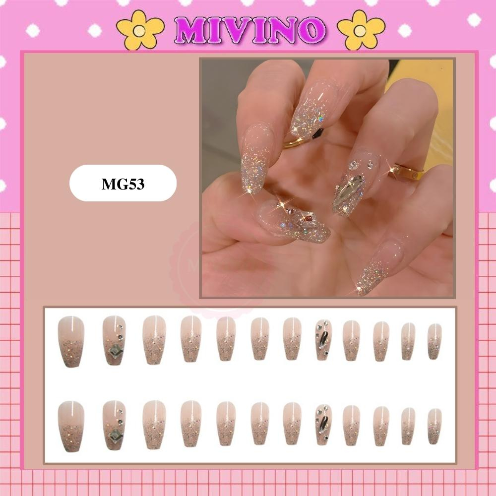 Nail giả dài Mivino set 24 móng tay giả đính đá kim tuyến lấp lánh sang trọng cao cấp MG53