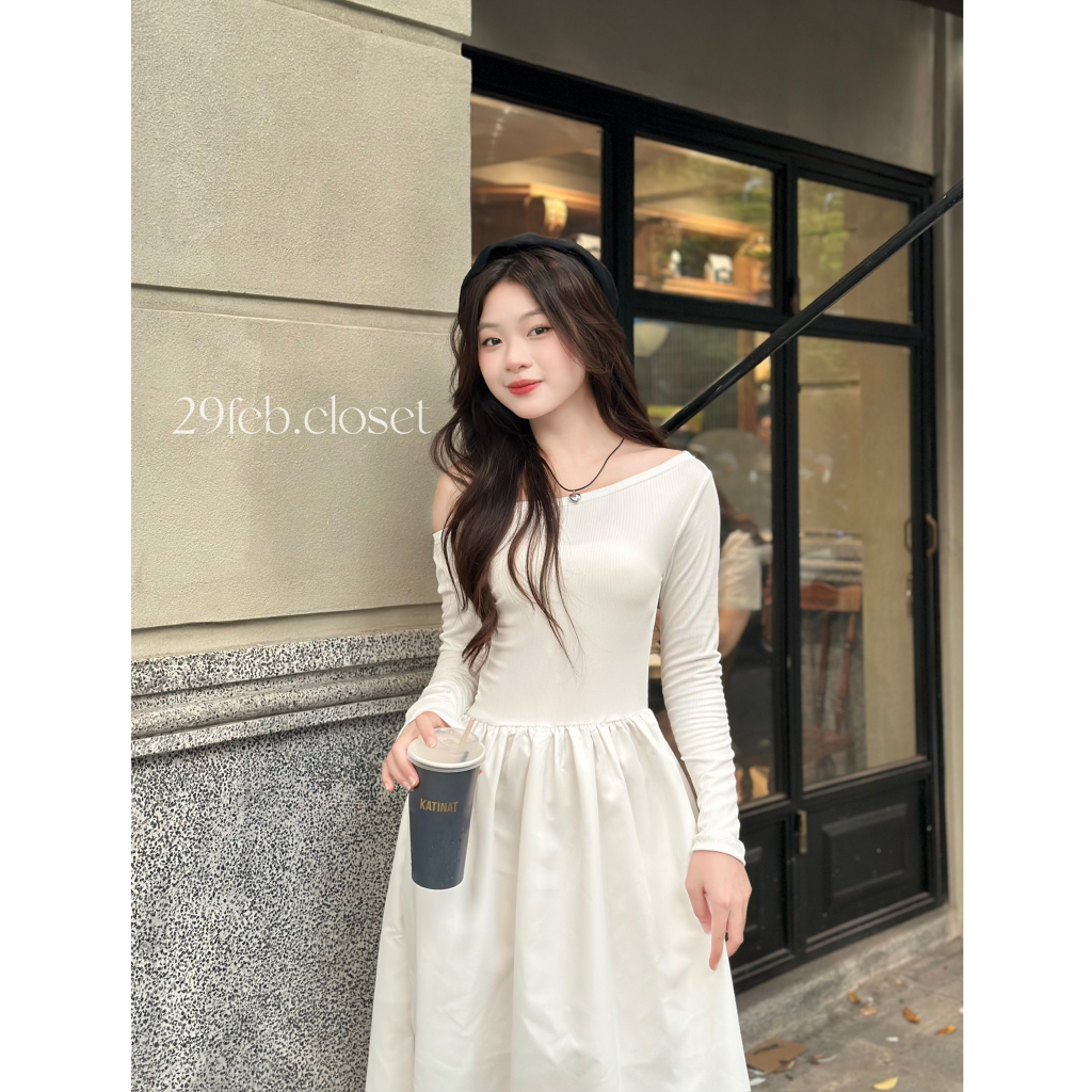 29feb.closet Váy xinh trễ vai dài tay nữ chất thun tăm phối thô mềm xòe dài nhẹ nhàng - V141