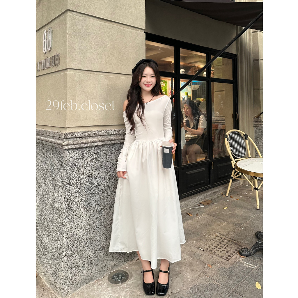 29feb.closet Váy xinh trễ vai dài tay nữ chất thun tăm phối thô mềm xòe dài nhẹ nhàng - V141