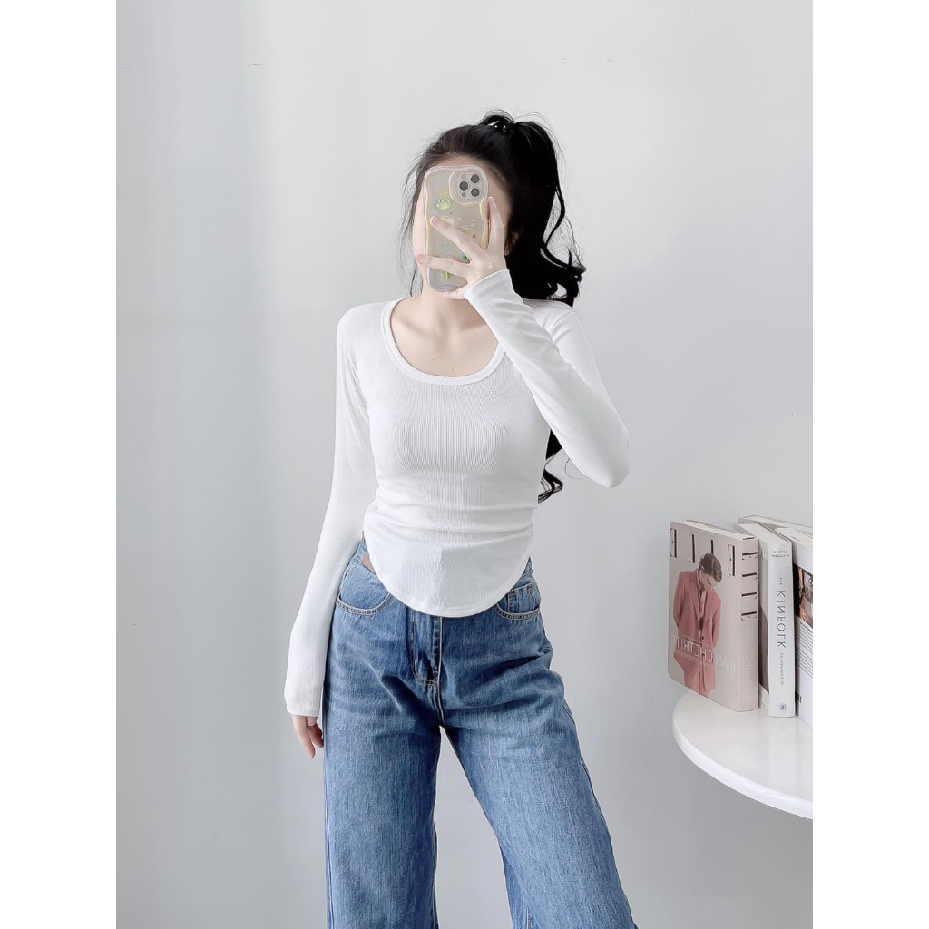 Áo thun ôm bigsize áo thun nữ tay dài vạt bầu trơn vải tăm lụa qc Quảng Châu mềm mát Thông thường