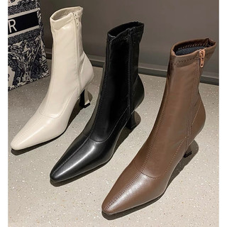 Bốt nữ cổ ngắn mũi nhọn da mềm ôm chân đế cao 7cm có khoá kéo