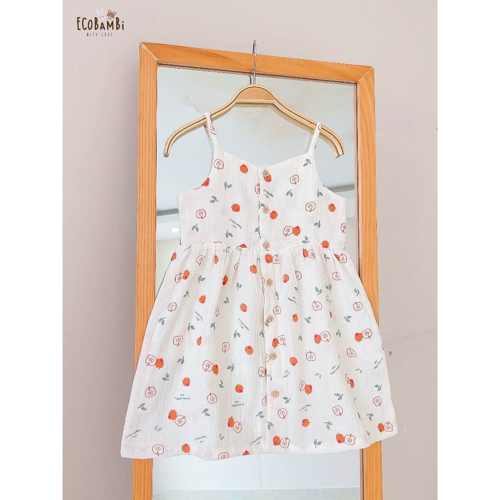 Đầm xoè 2 dây cotton muslin in hoạ tiết dễ thương cho bé gái Ecobambi