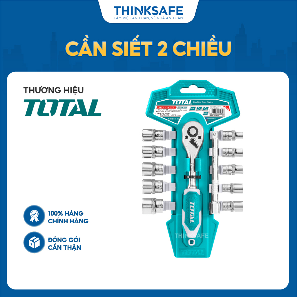 Bộ cần siết 2 chiều kèm 12 socket TOTAL THT14114126 1/4 inch thép crv chất lượng cao đầu tuýp được mạ bóng và crôm