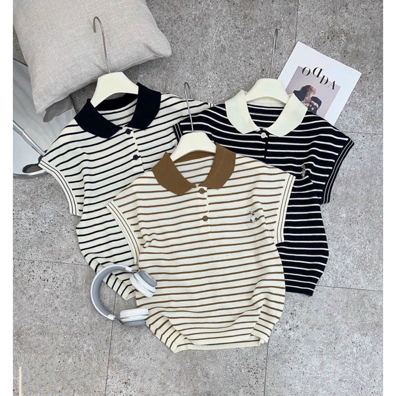 Áo len mongtoghi cộc tay cổ bẻ họa tiết kẻ ngang Mai Anh Clothing