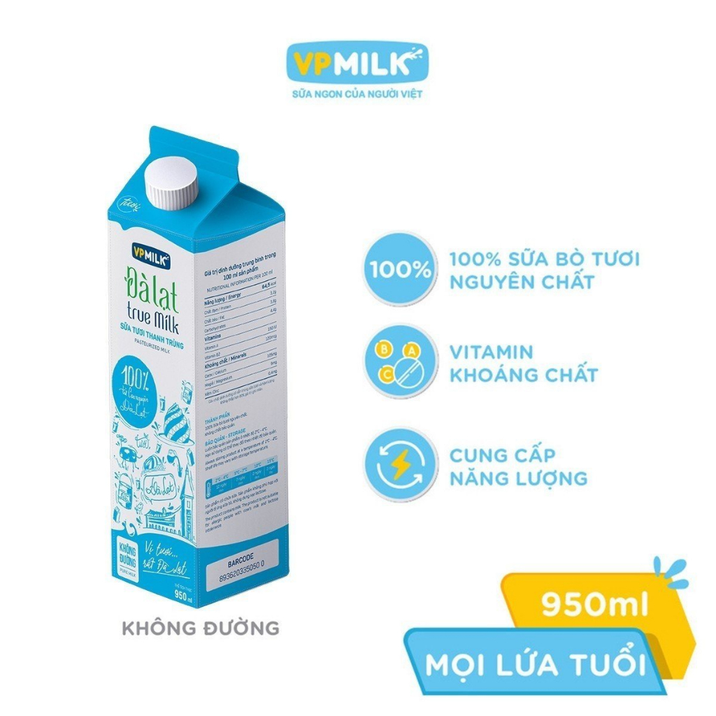 [GIAO HỎA TỐC TẠI TP. Hồ Chí Minh] Sữa Tươi Thanh Trùng VPMilk Đà Lạt True Milk - không đường 950ml