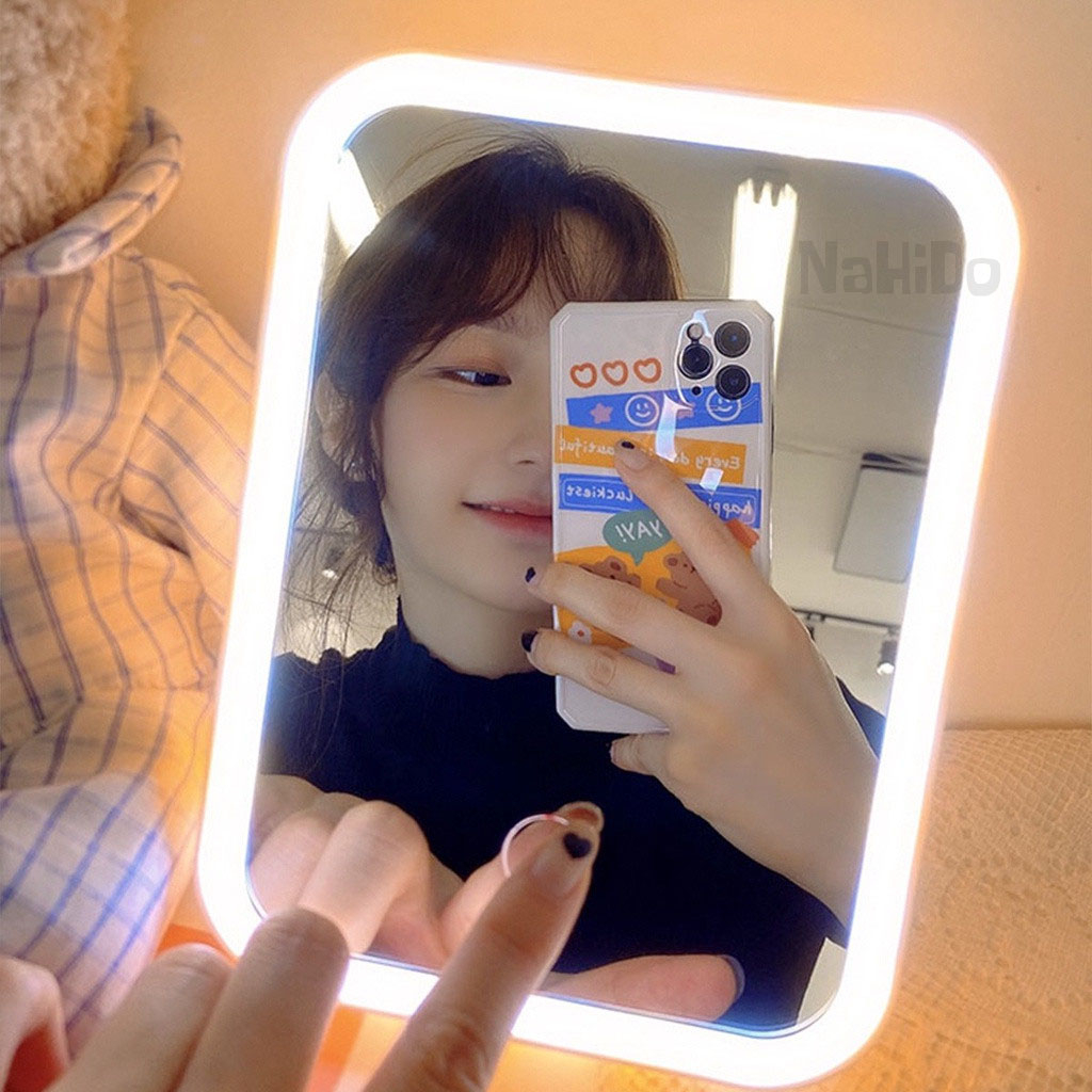 Gương Để Bàn Trang Điểm, Gương Trang Điểm Đèn Led, Gương Tròn Cảm Ứng 3 Chế Độ Ánh Sáng