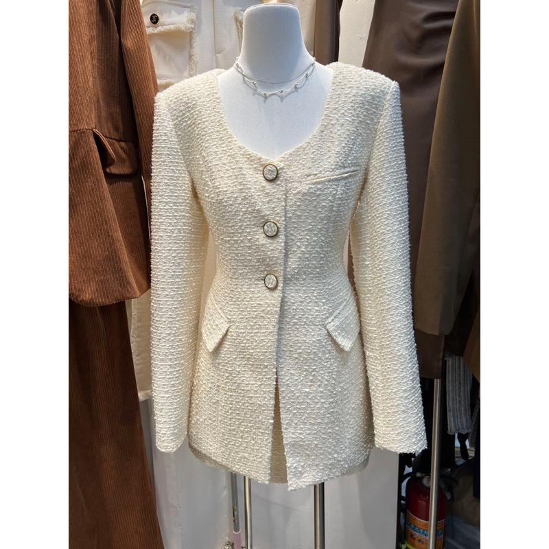 28082 Set dạ tweed áo chiết eo xẻ và chân váy