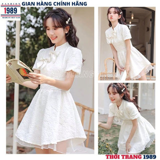 Váy công chúa gấm xốp phối voan cổ tàu đính nơ -Đầm nữ tiểu thư sang chảnh cực xinh