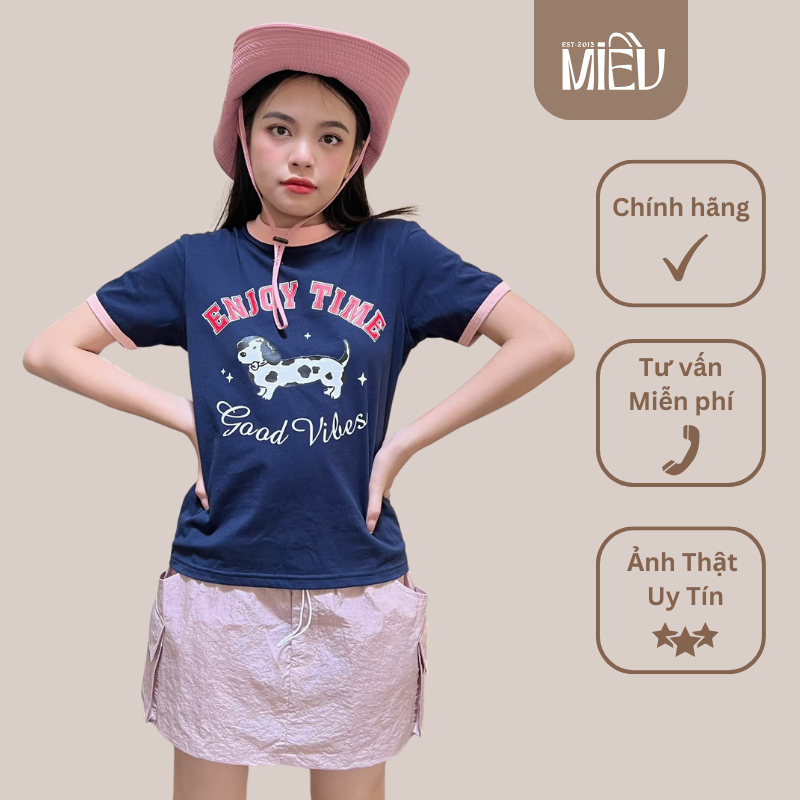 Áo tay ngắn nữ cổ phối màu in hình chú chó dễ thương Enjoy Time Miều Est.2013