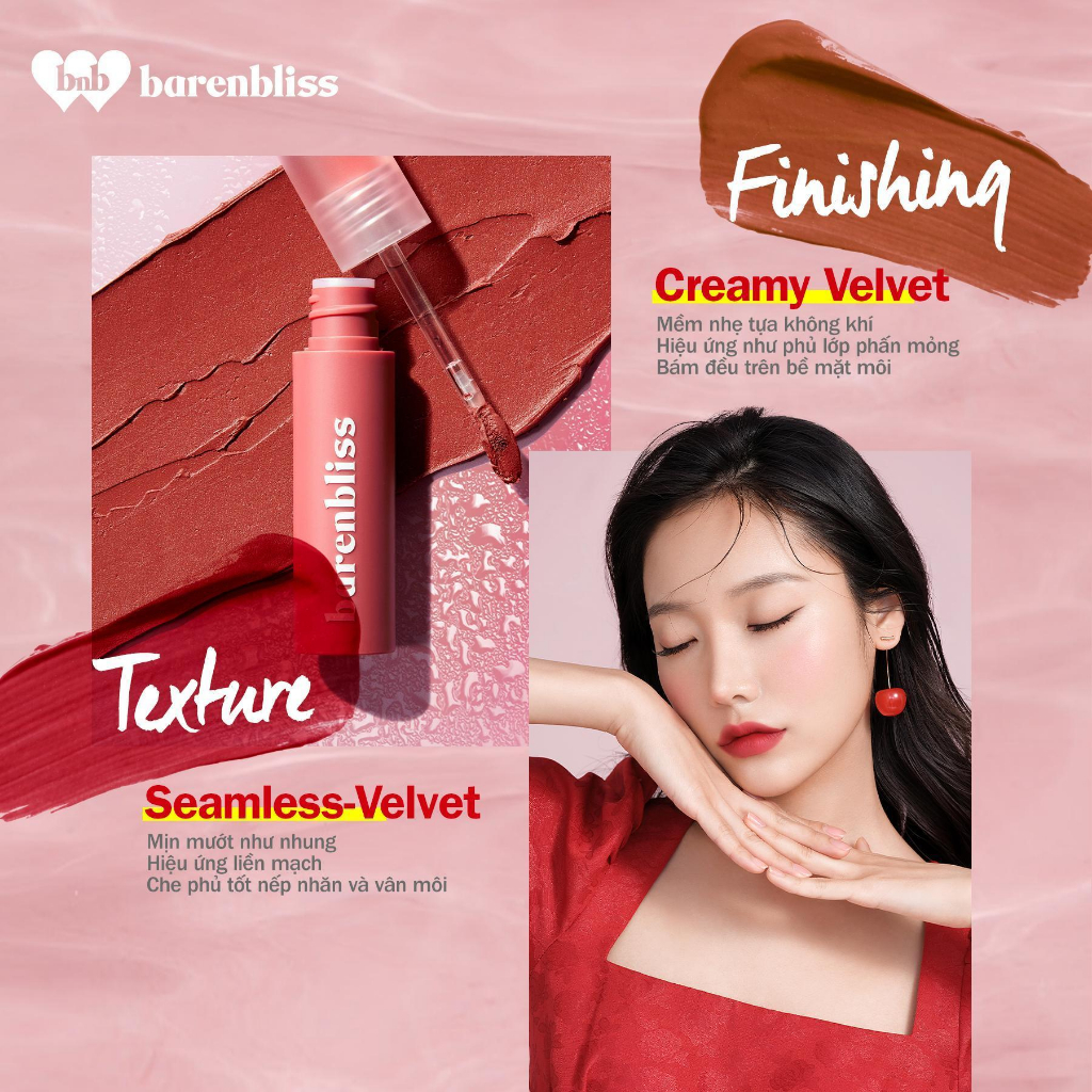 Son Kem Lì Như Nhung Cherry Hàn Quốc Barenbliss Dạng Kem Mịn Mượt Không Khô Môi Lâu Trôi Chống Nước Lip Velvet 2.5g