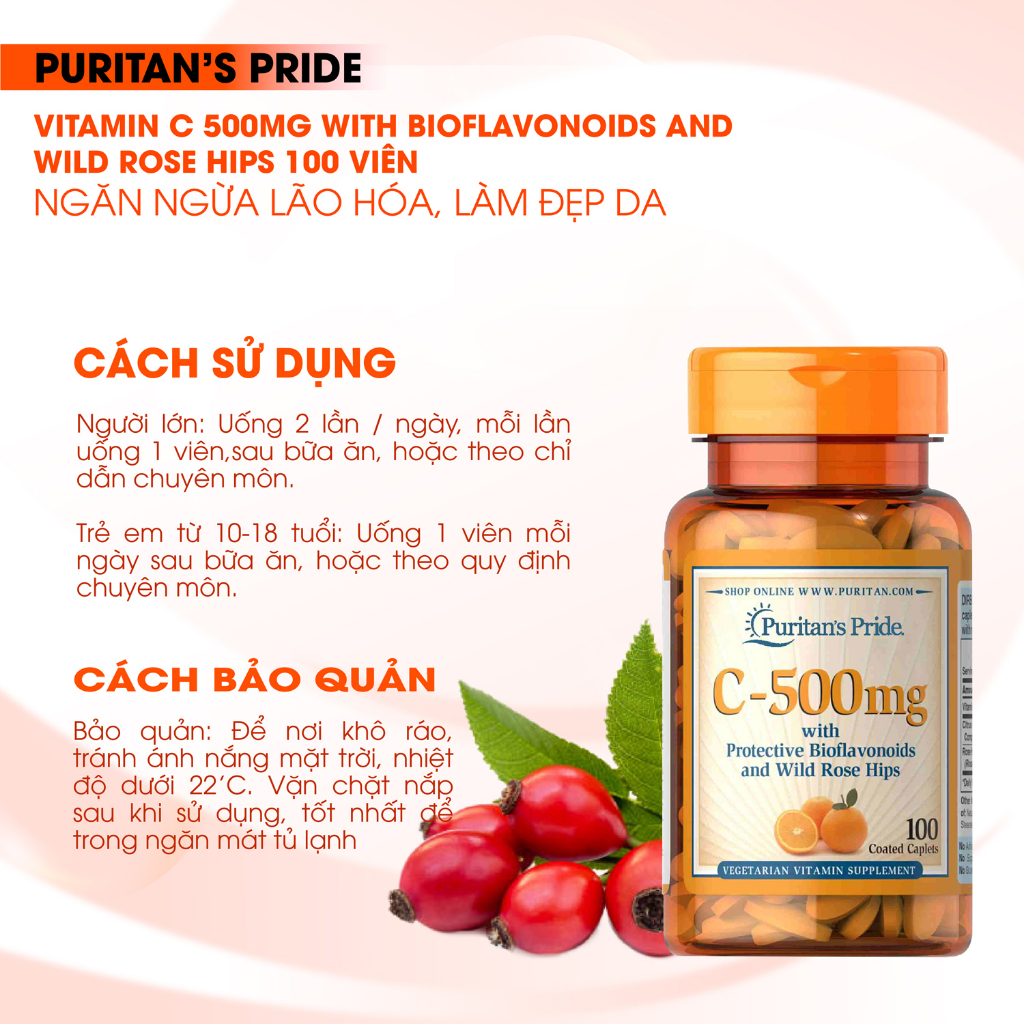Viên uống bổ sung Vitamin C 500mg with Bioflavonoids & Wild Rose Hips hỗ trợ làm đẹp da, ngăn ngừa lão hóa 100 viên
