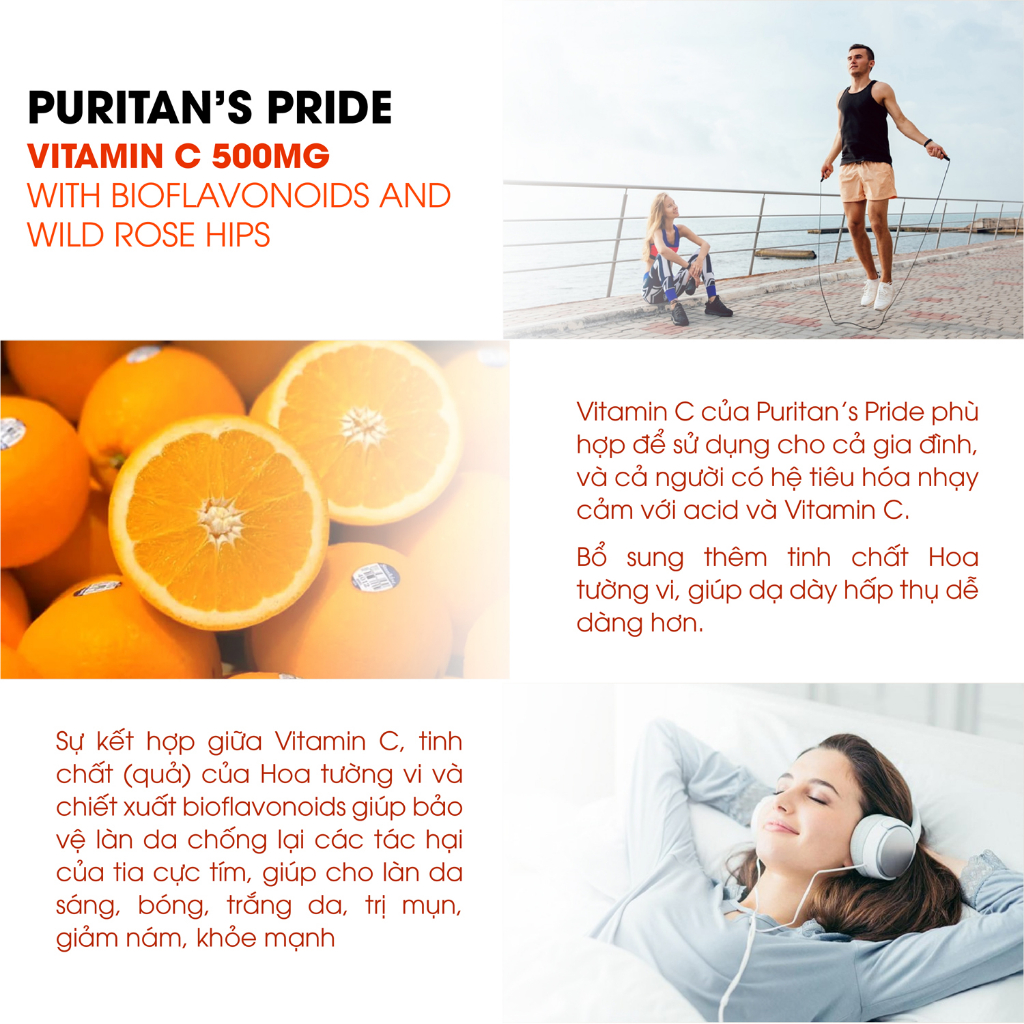 Viên uống bổ sung Vitamin C 500mg with Bioflavonoids & Wild Rose Hips hỗ trợ làm đẹp da, ngăn ngừa lão hóa 100 viên