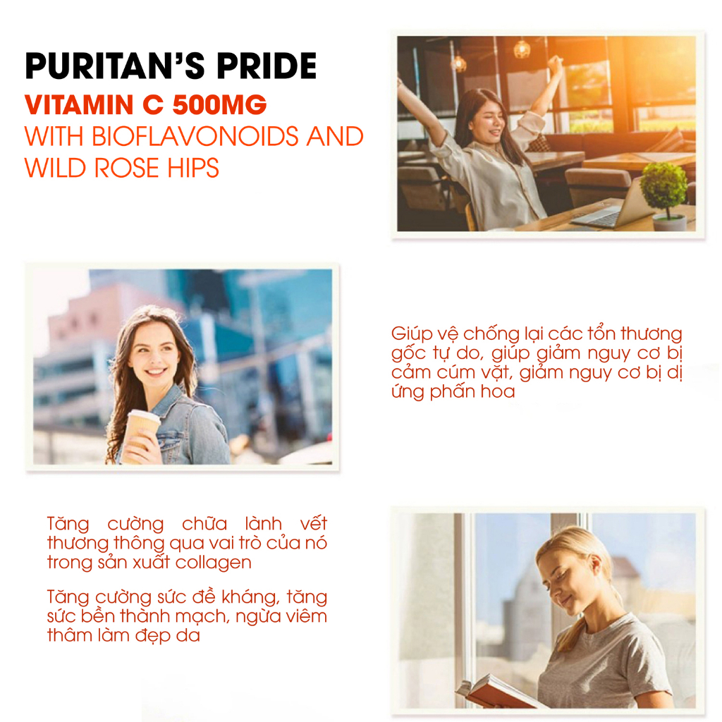 Viên uống bổ sung Vitamin C 500mg with Bioflavonoids & Wild Rose Hips hỗ trợ làm đẹp da, ngăn ngừa lão hóa 100 viên