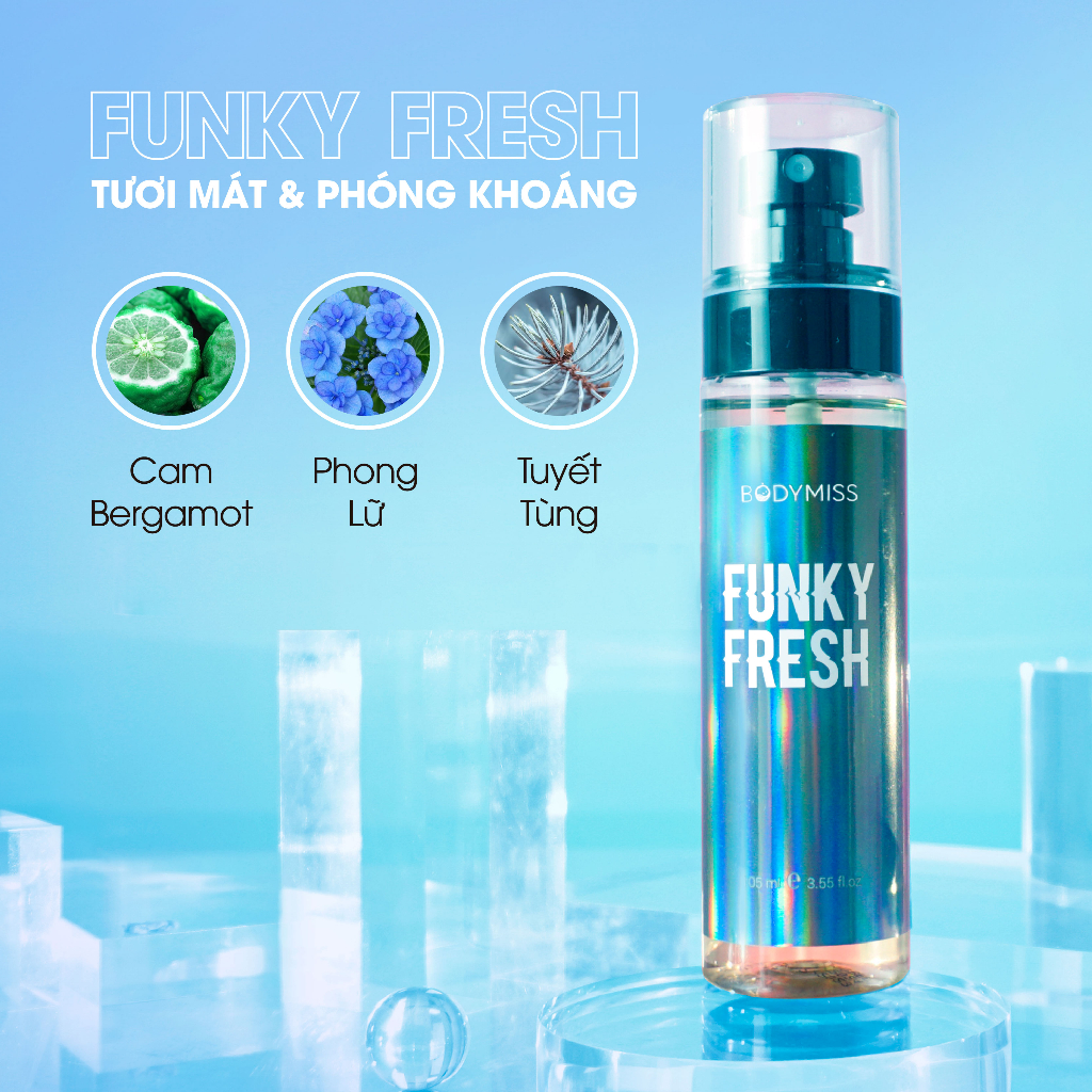 Bodymist xịt thơm toàn thân Funky Fresh hương nước hoa, 3 tầng hương riêng biệt, đi chơi, thể thao BODYMISS 105ml
