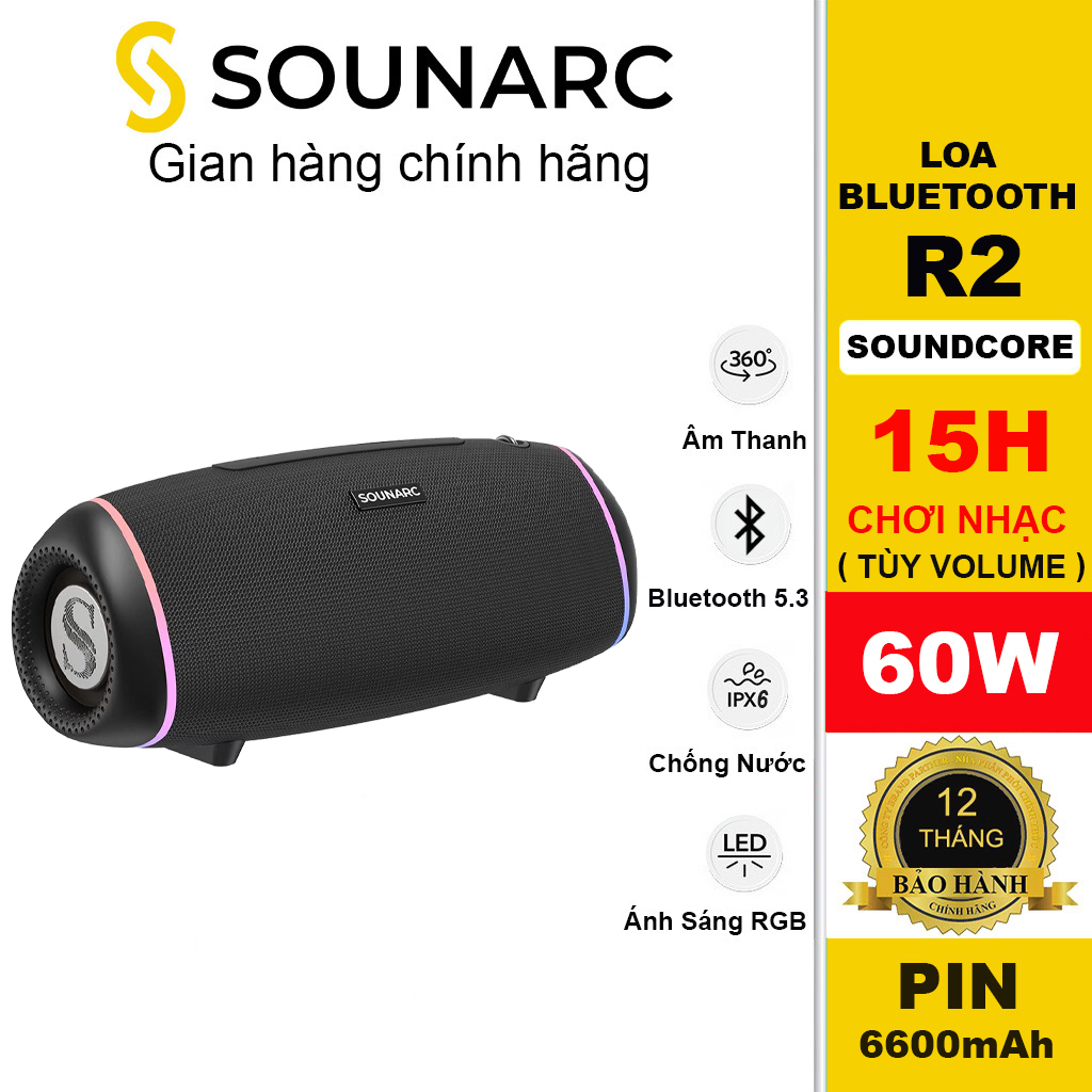 Loa Bluetooth 5.3 Sounarc R2 Công Suất 60W, Chống Nước IPX6, Tích Hợp Pin 6600mAh 15H Chơi Nhạc- Bảo Hành 12 Tháng