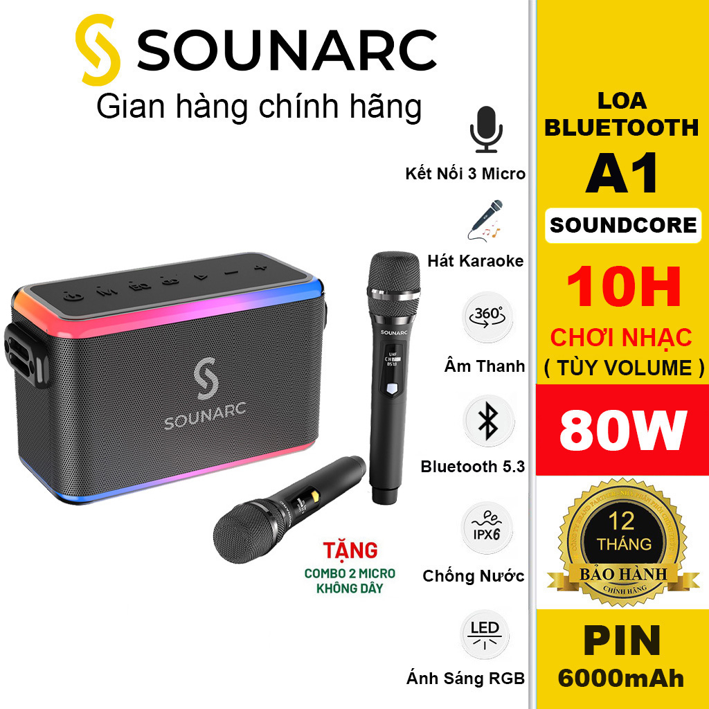 Loa Karaoke Bluetooth 5.3 SOUNARC A1 Kèm 2 Micro Không Dây, Công suất 80W, Chống Nước IPX6 - Bảo Hành 12 Tháng