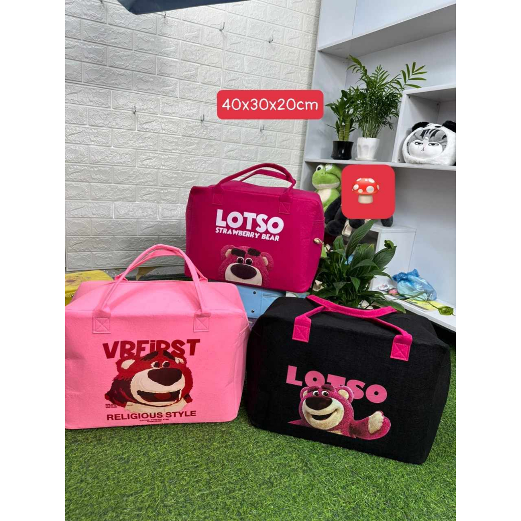 Túi nỉ gấu dâu siêu đáng yêu size lớn, túi xách tote họa tiết hoạt hình dễ thương cho bé và mẹ bỉm sữa