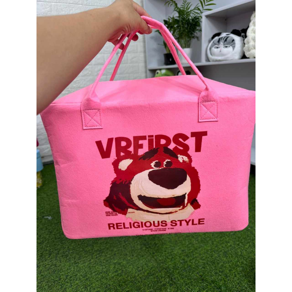 Túi nỉ gấu dâu siêu đáng yêu size lớn, túi xách tote họa tiết hoạt hình dễ thương cho bé và mẹ bỉm sữa