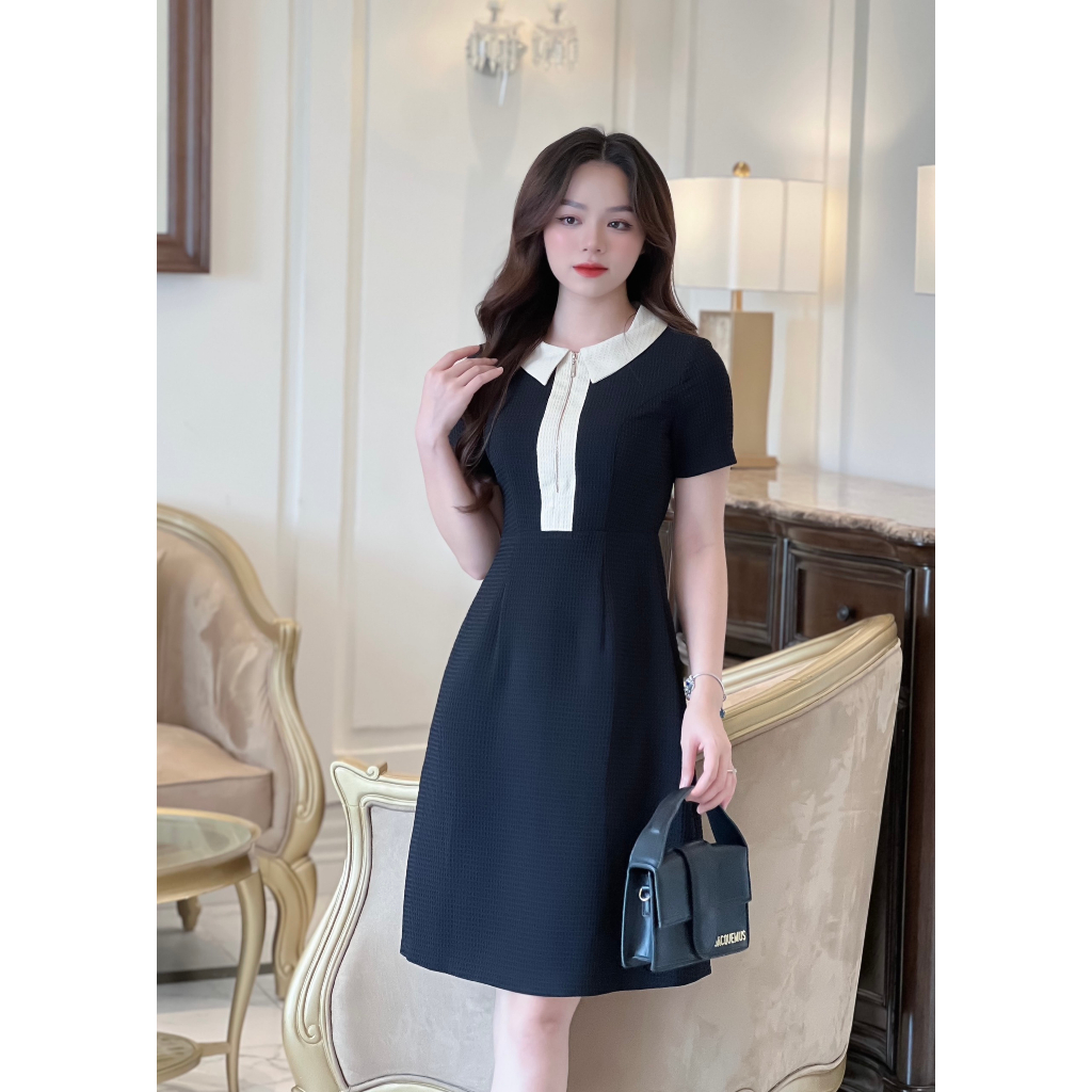 Váy Đầm Đen Cộc Tay Dáng Xòe Cổ Sơ Mi Thời Trang Nữ Rosara VA117