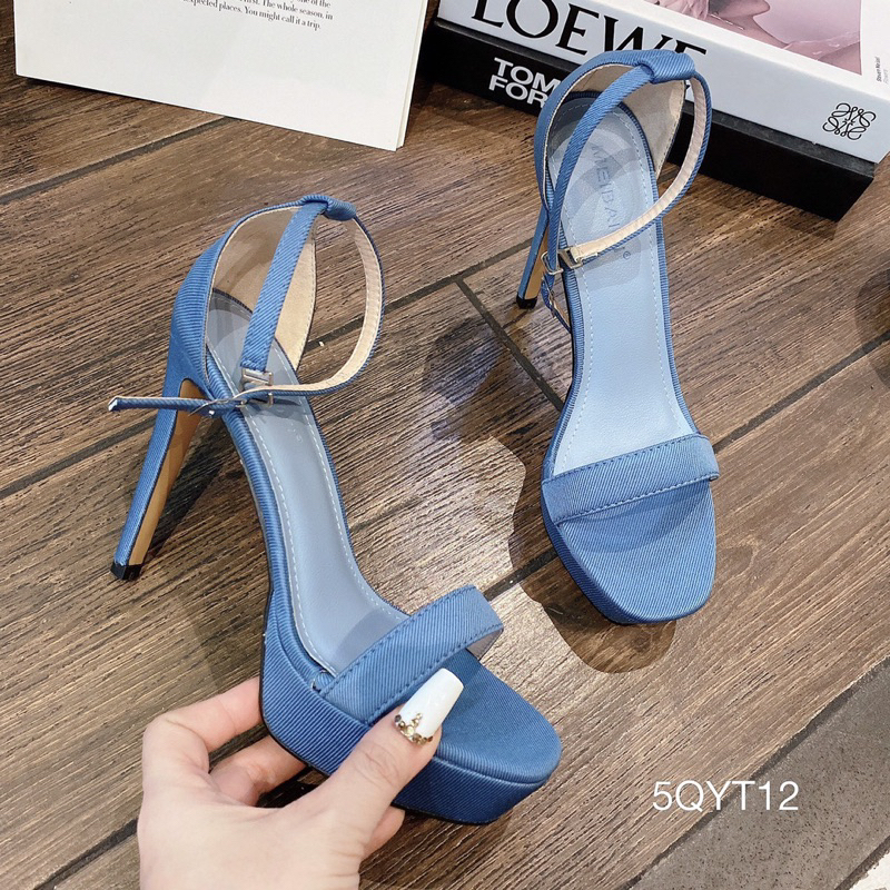 Giày Cao Gót Nhọn Đế Đúp Da Jean Ngang Hậu Bít Cực Xinh