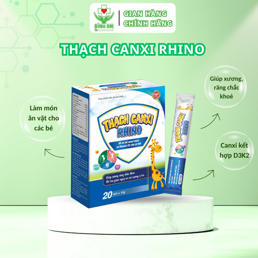 Thạch Canxi Rhino, giúp tăng chiều cao, giảm loãng xương với Vitamin D3 vị sữa thơm ngon - Hộp 20 gói 15g