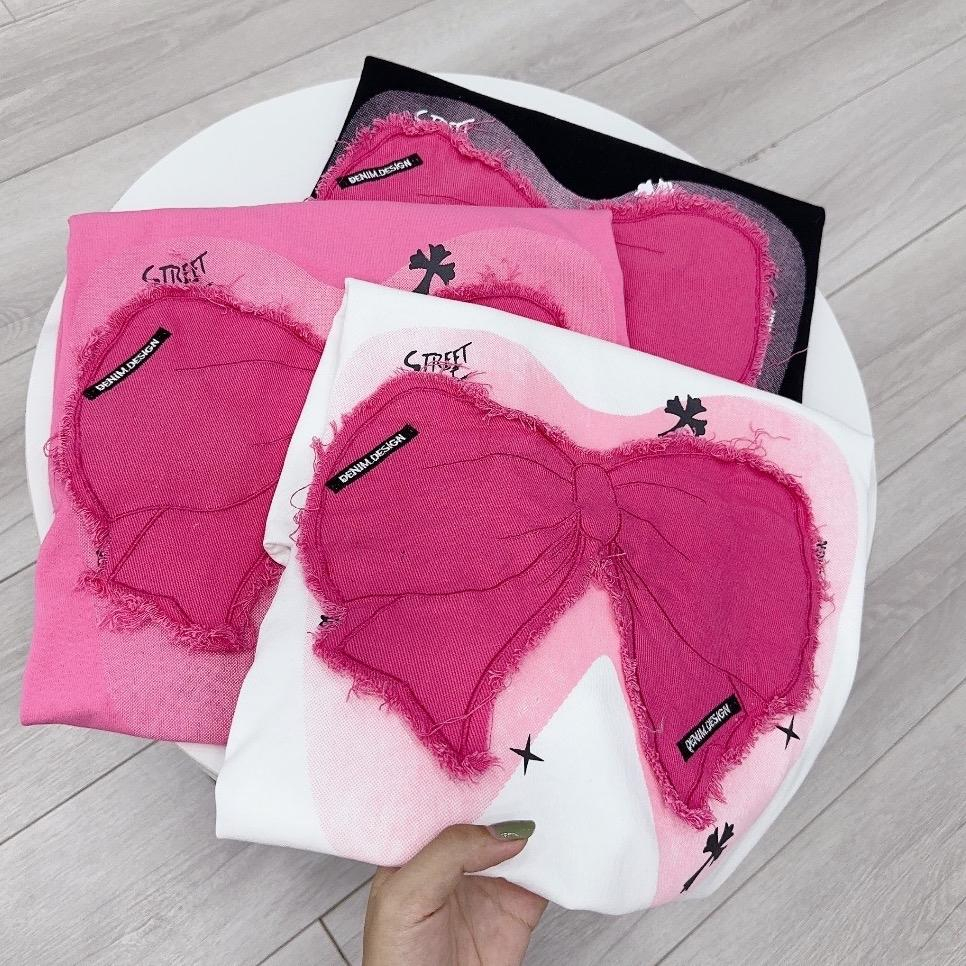 ÁO THUN NỮ BIGSIZE FORM RỘNG BIGSIZE THÊU JEAN NƠ HỒNG CHẤT COTTON KHÔ LOẠI 1 SIÊU THOÁNG MÁT VÀ THẤM HÚT MỒ HÔI