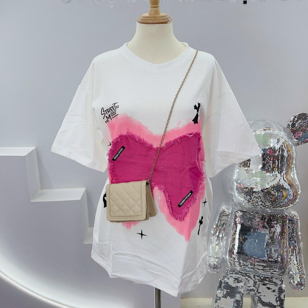 ÁO THUN NỮ BIGSIZE FORM RỘNG BIGSIZE THÊU JEAN NƠ HỒNG CHẤT COTTON KHÔ LOẠI 1 SIÊU THOÁNG MÁT VÀ THẤM HÚT MỒ HÔI