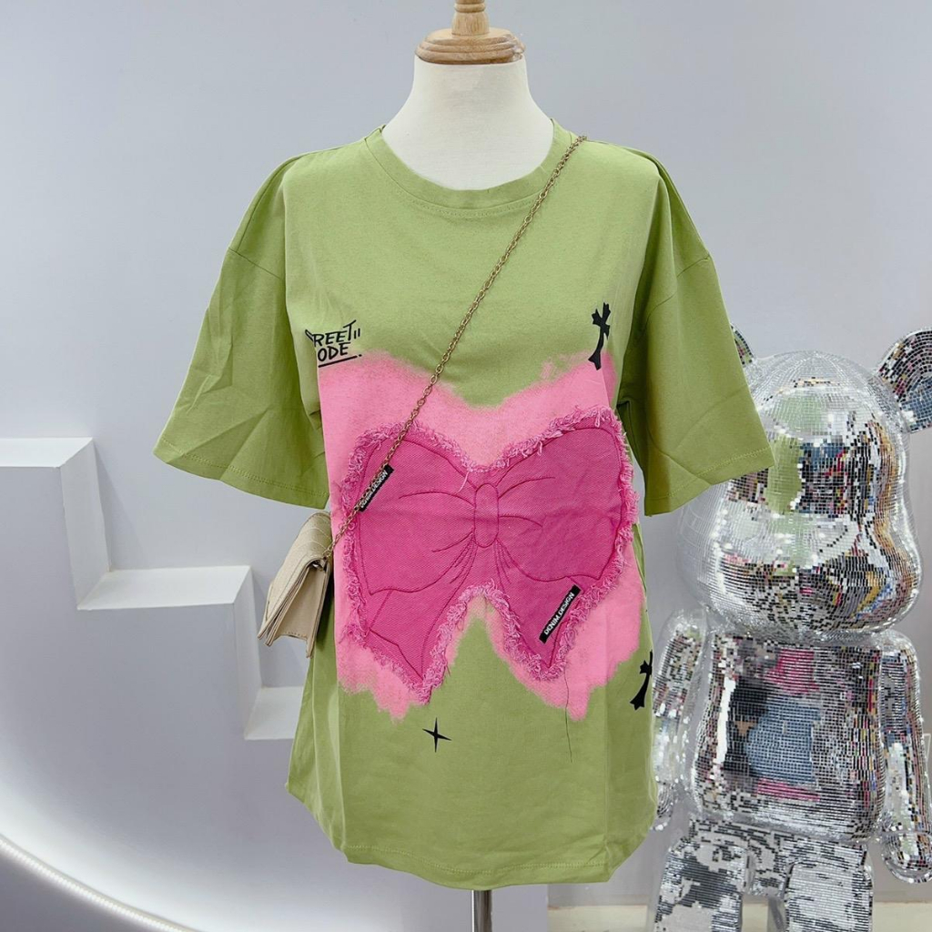 ÁO THUN NỮ BIGSIZE FORM RỘNG BIGSIZE THÊU JEAN NƠ HỒNG CHẤT COTTON KHÔ LOẠI 1 SIÊU THOÁNG MÁT VÀ THẤM HÚT MỒ HÔI