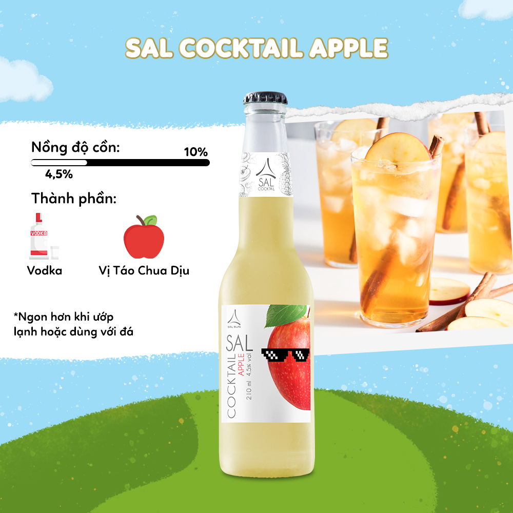 Combo 2 Thùng 6 chai SAL COCKTAIL APPLE & PINEAPPLE 4,5 độ 210ml/chai Cocktail hoa quả vị Táo & Dứa
