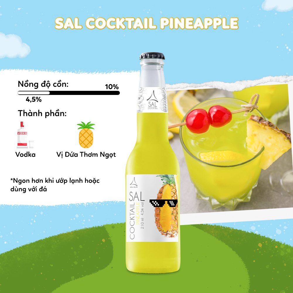 Combo 2 Thùng 6 chai SAL COCKTAIL APPLE & PINEAPPLE 4,5 độ 210ml/chai Cocktail hoa quả vị Táo & Dứa