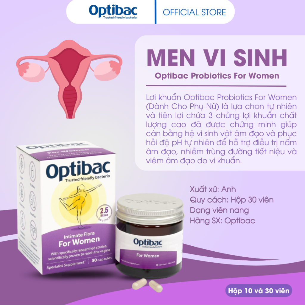 Men vi sinh bổ sung lợi khuẩn phụ khoa Optibac tím Probiotics For Women cho phụ nữ, mẹ bầu, sau sinh tăng sức đề kháng