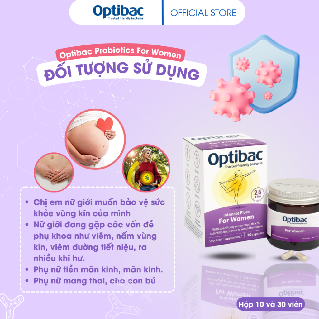 Men vi sinh bổ sung lợi khuẩn phụ khoa Optibac tím Probiotics For Women cho phụ nữ, mẹ bầu, sau sinh tăng sức đề kháng