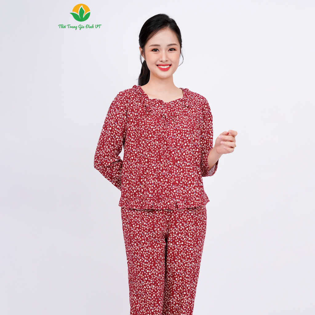 Đồ bộ mặc nhà nữ  Việt Thắng chất Cotton, quần dài, áo dài tay dáng suông chéo cổ bèo - B50.2309