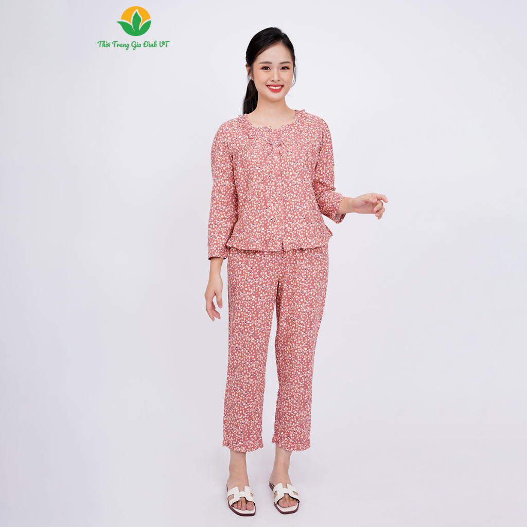 Đồ bộ mặc nhà nữ  Việt Thắng chất Cotton, quần dài, áo dài tay dáng suông chéo cổ bèo - B50.2309