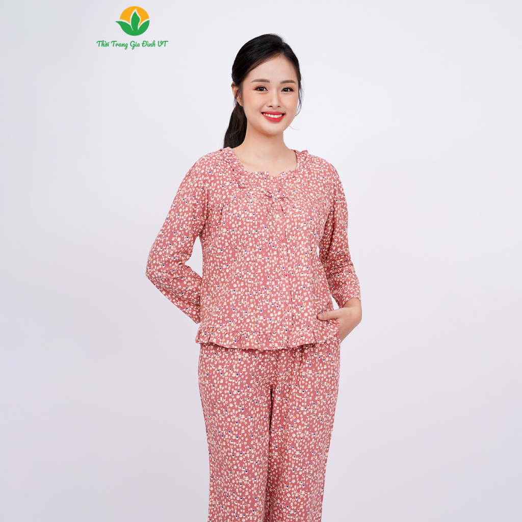 Đồ bộ mặc nhà nữ  Việt Thắng chất Cotton, quần dài, áo dài tay dáng suông chéo cổ bèo - B50.2309