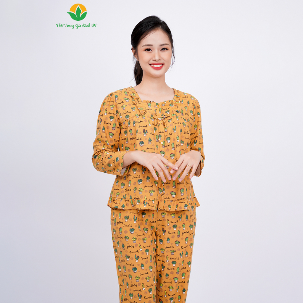 Đồ bộ mặc nhà nữ  Việt Thắng chất Cotton, quần dài, áo dài tay dáng suông chéo cổ bèo - B50.2309