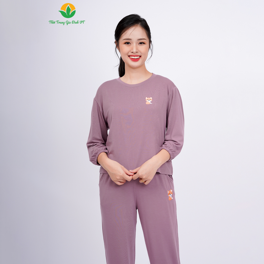 Đồ bộ nữ mặc nhà chất thun mềm Việt Thắng quần dài áo dài tay màu thêu hình - B50.2311